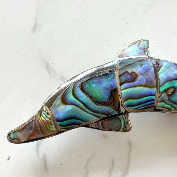 Sterling Silver & Abalone Dolphin Brooch Signed EPB 925 Vintage Hallmarked Jewel - Picture 6 of 8